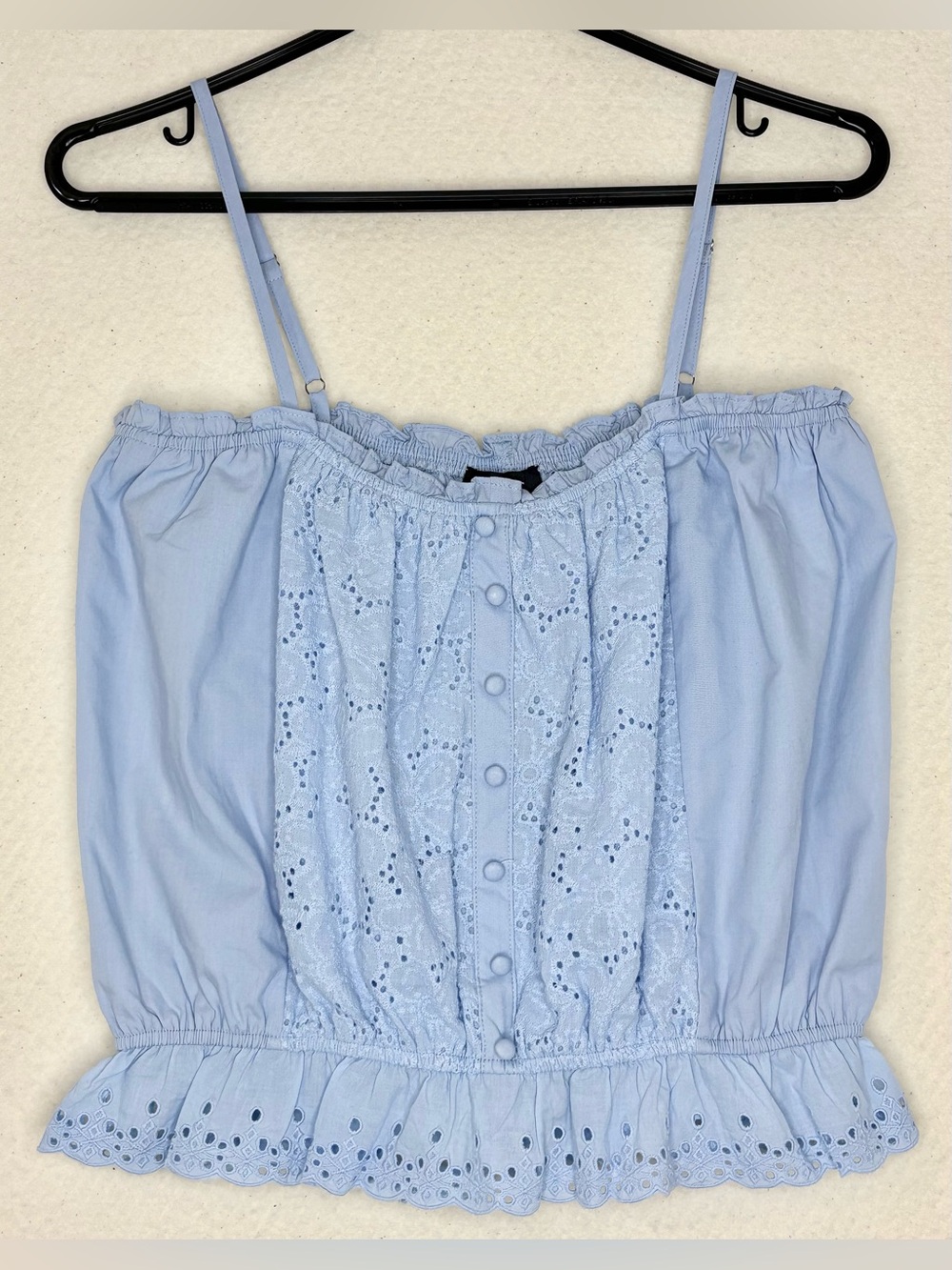 NWT Gigio Light Blue Eyelet Spaghetti Strap Top & Decorative Faux Button Front